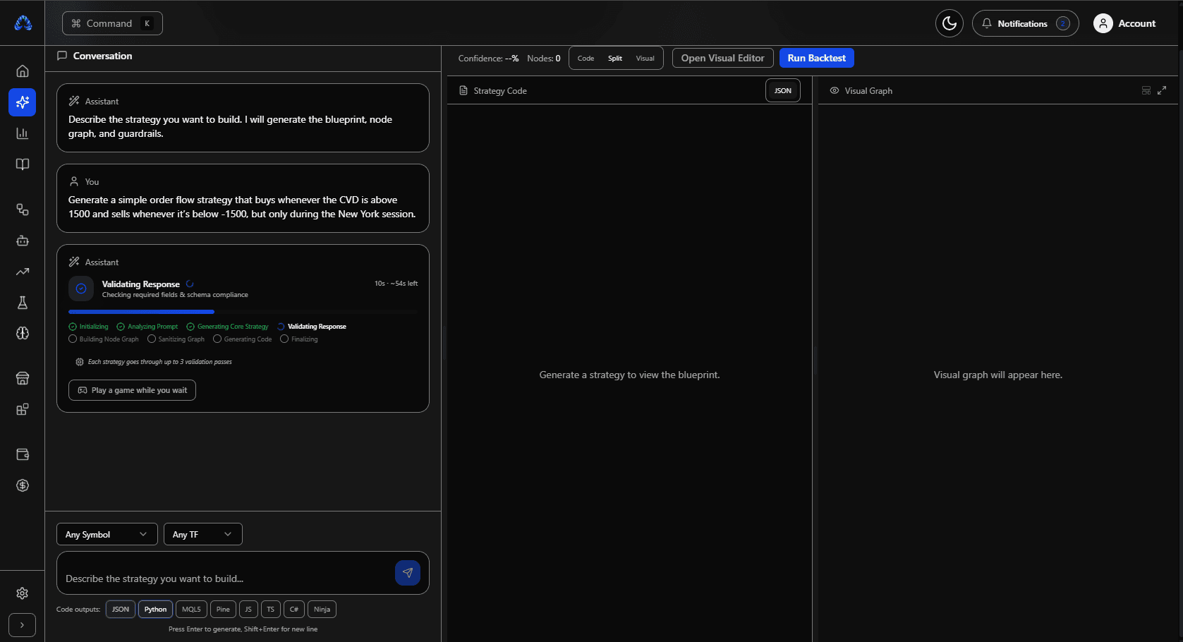 Algovex AI chat generating a trading strategy from a plain-language prompt