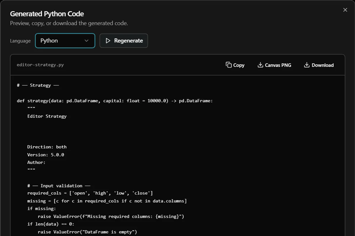 Algovex code export: the strategy function in generated Python