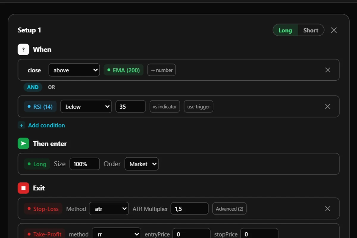 Algovex Simple Editor: when / and / then rules with entry and stop-loss